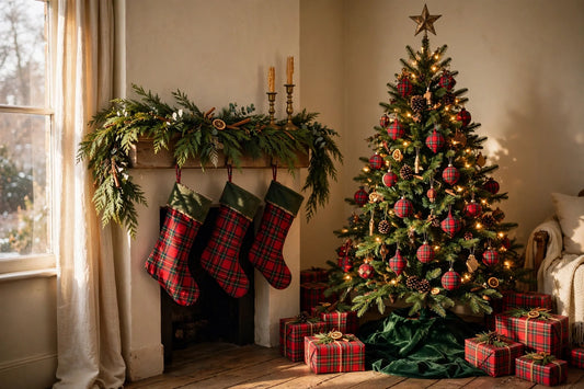 Cozy Christmas decor with tartan plaid ornaments, brass details, velvet ribbon, and warm cedar garland on deep green linen