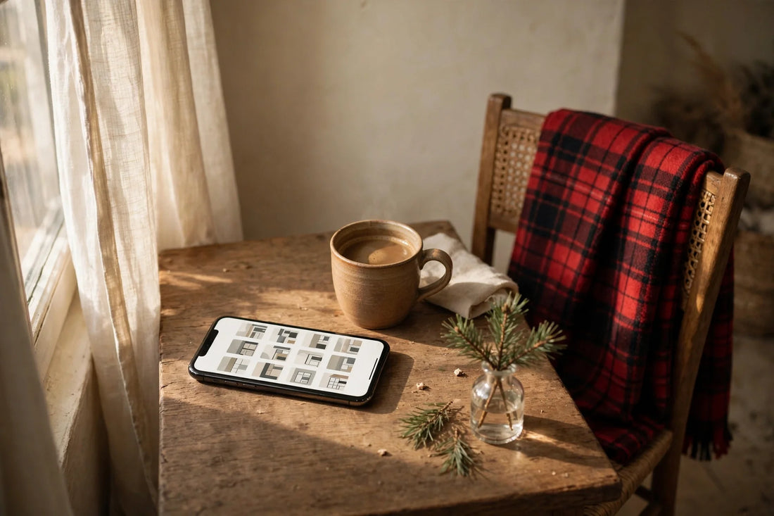 Cozy desk with a smartphone, a coffee, and a folded red plaid blanket