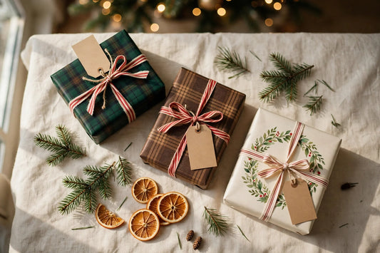 Christmas gifts wrapped in hand-designed plaid and watercolor wreath Christmas gift wrap with ribbon and fresh greenery