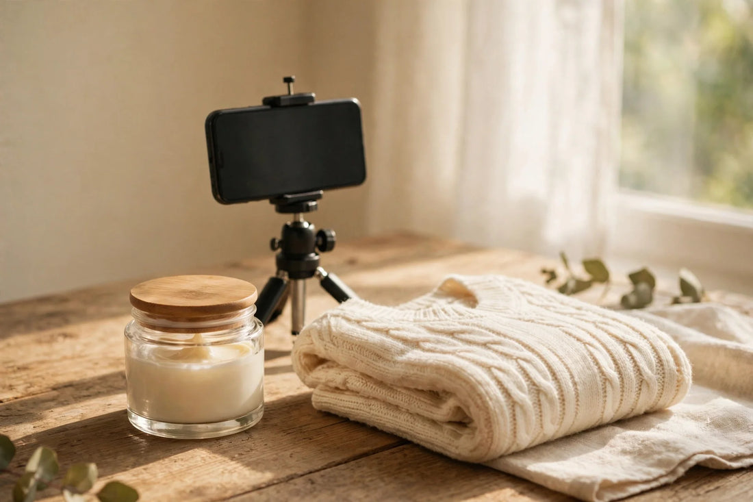 Phone on a tripod set up to film a skincare jar and a folded cream sweater on a table