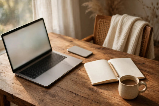 Cozy desk with a laptop showing a creator profile, a smartphone, and a coffee