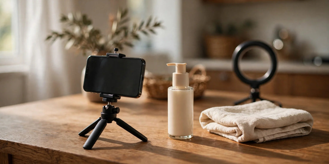 Phone on a small tripod filming a skincare product on a table at home