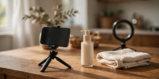 Phone on a small tripod filming a skincare product on a table at home
