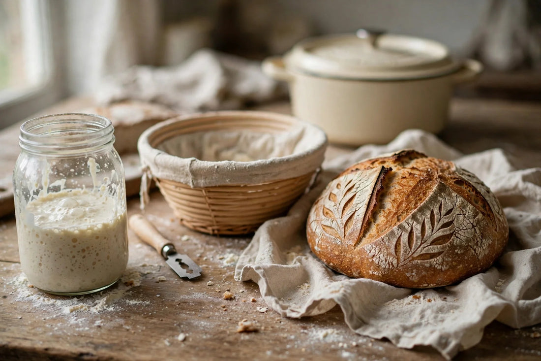 Flat lay of sourdough baking gifts including a Dutch oven, banneton basket, and bread lame