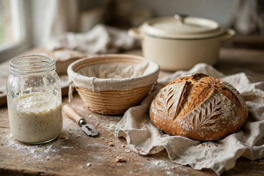 Flat lay of sourdough baking gifts including a Dutch oven, banneton basket, and bread lame