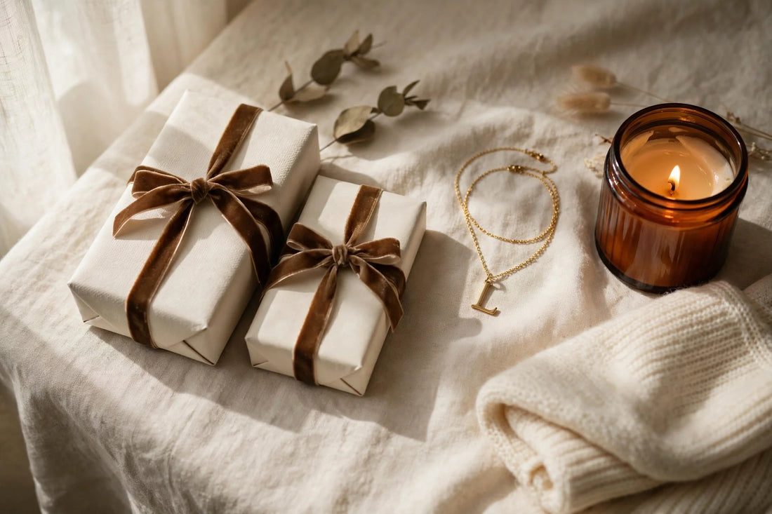 Flat lay of gifts under $50 that look expensive, including jewelry, skincare, and a candle