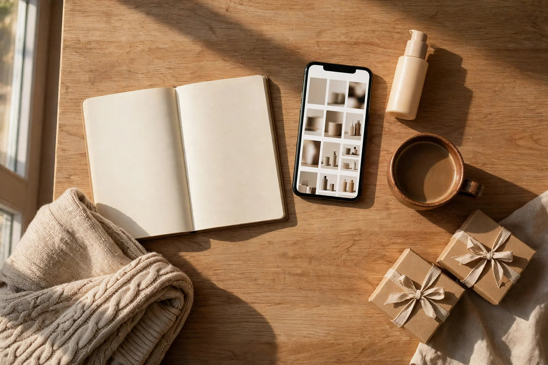 Creator’s desk flat-lay with an open notebook, phone, folded beige sweater, coffee, and small gift boxes.