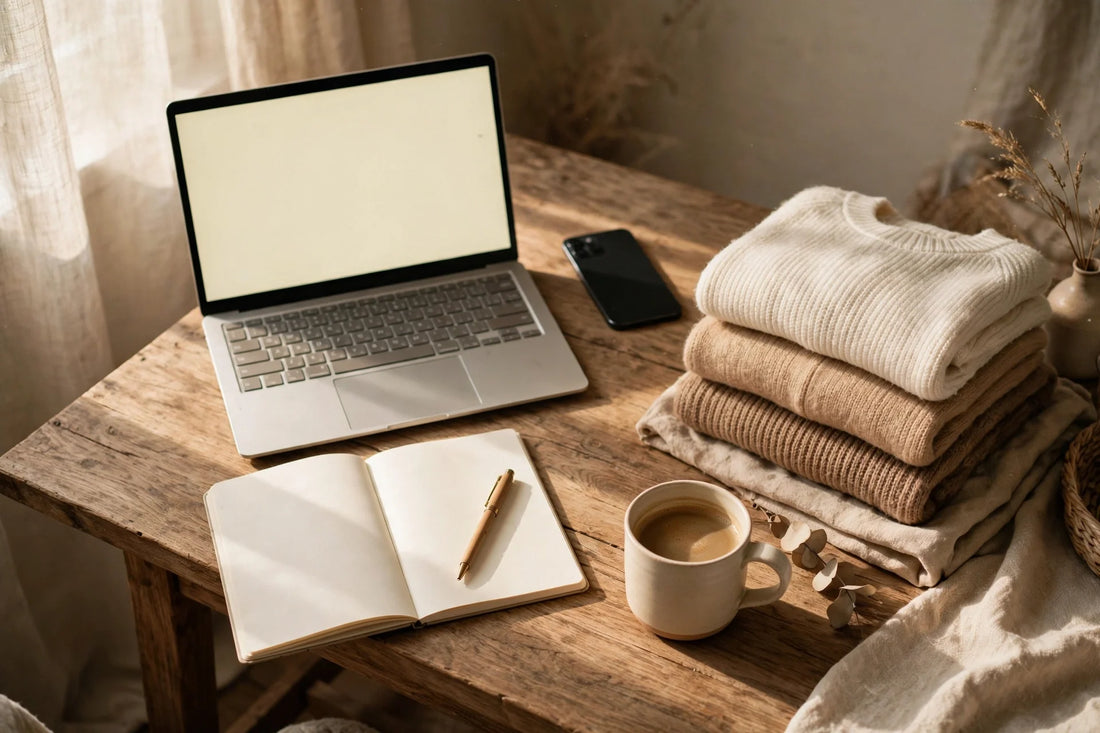 Cozy creator desk with a laptop, notebook, coffee, and a stack of folded knit sweaters