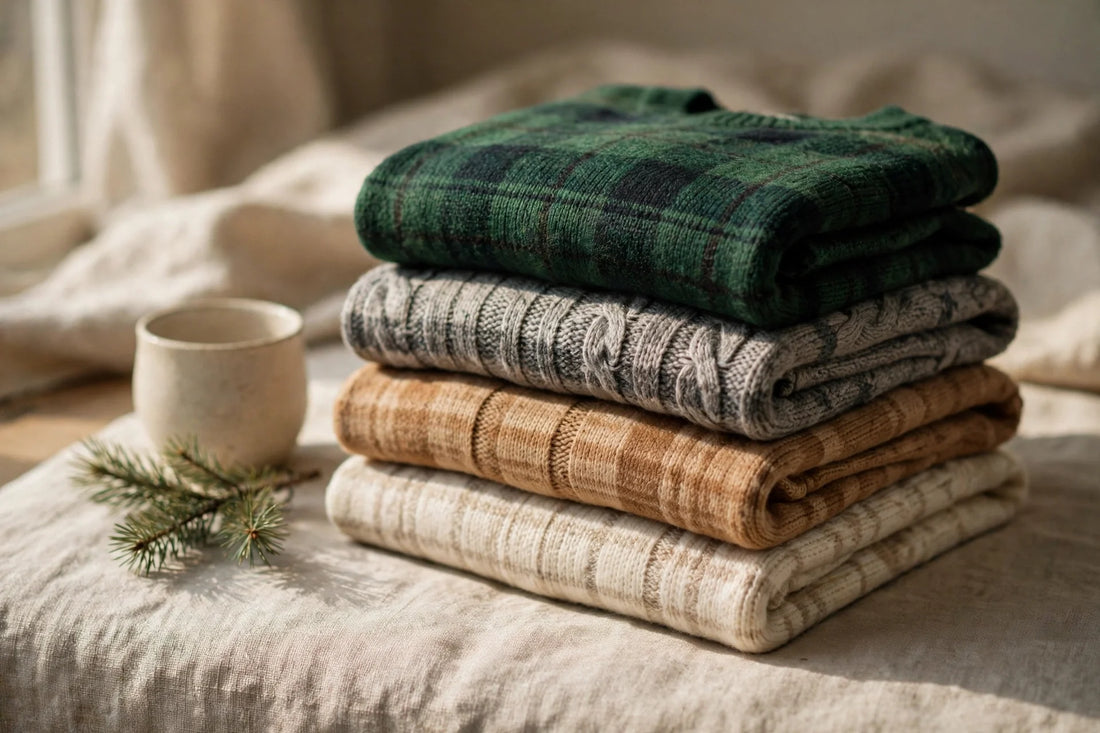 Folded plaid knit sweaters in deep green tartan, grey, camel, and cream stacked on a linen surface with a ceramic mug and a pine sprig in warm window light