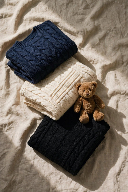 Folded navy, cream, and black knit sweaters arranged on beige linen with a small teddy bear