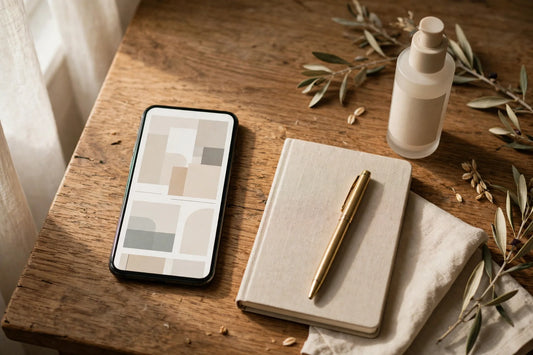Desk with a smartphone, a notebook with a pen, and a skincare product ready to film