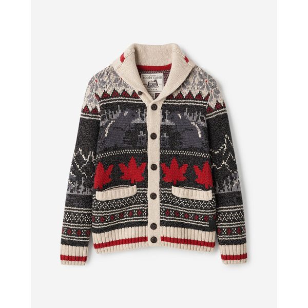 Roots Cabin Shawl Fair Isle Cardigan with a Fair Isle yoke and shawl collar in cream winter tones
