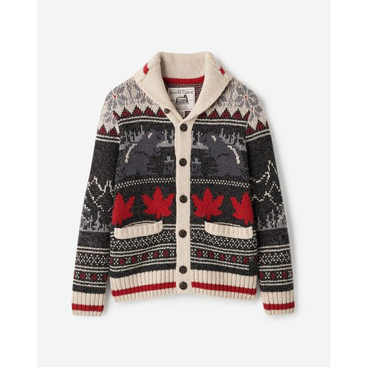 Roots Cabin Shawl Fair Isle Cardigan with a Fair Isle yoke and shawl collar in cream winter tones