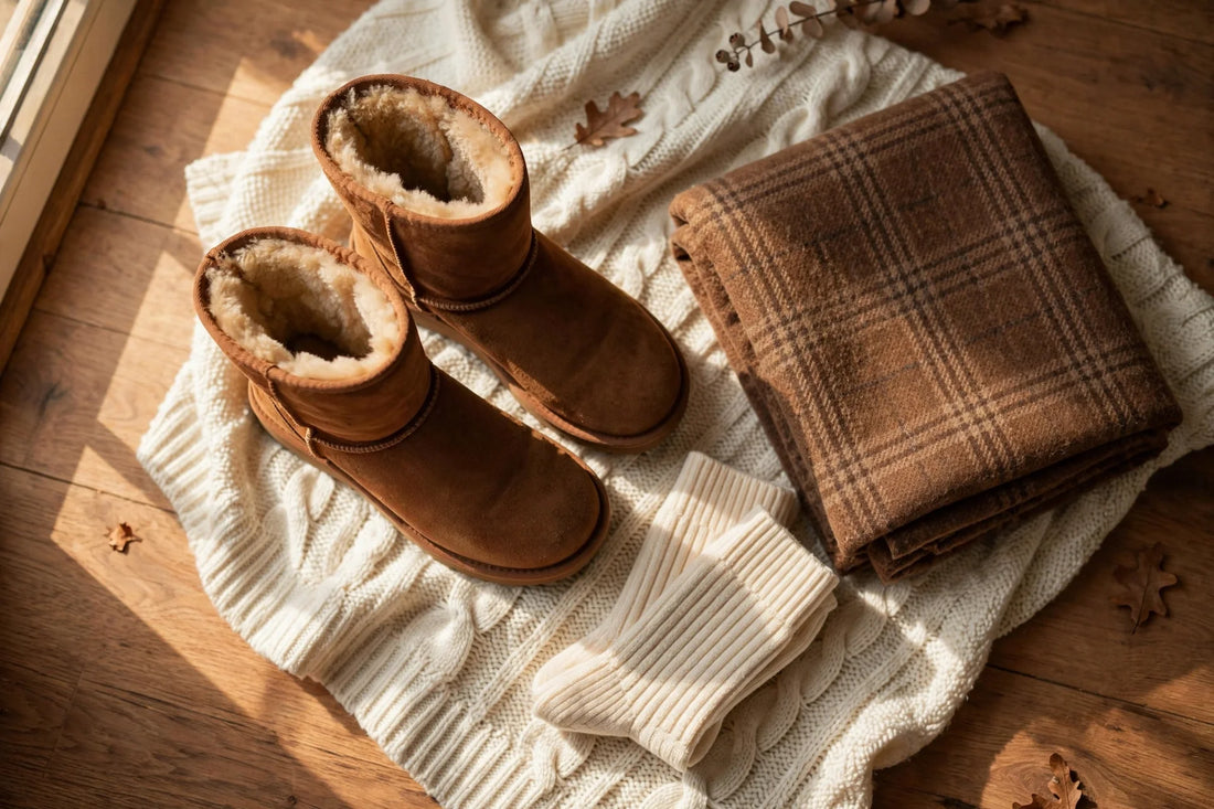 Chestnut suede sheepskin boots on a cream knit throw with a folded plaid blanket and knit socks in warm window light