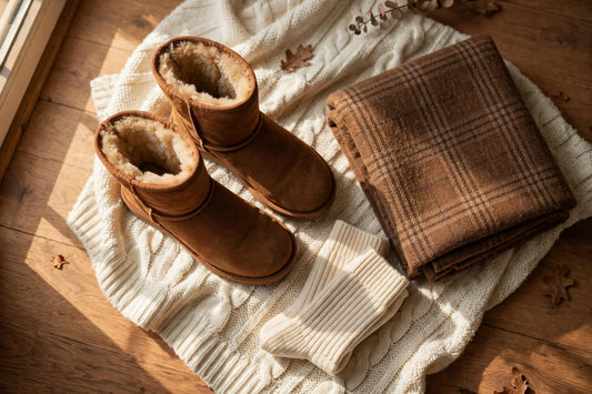 Chestnut suede sheepskin boots on a cream knit throw with a folded plaid blanket and knit socks in warm window light